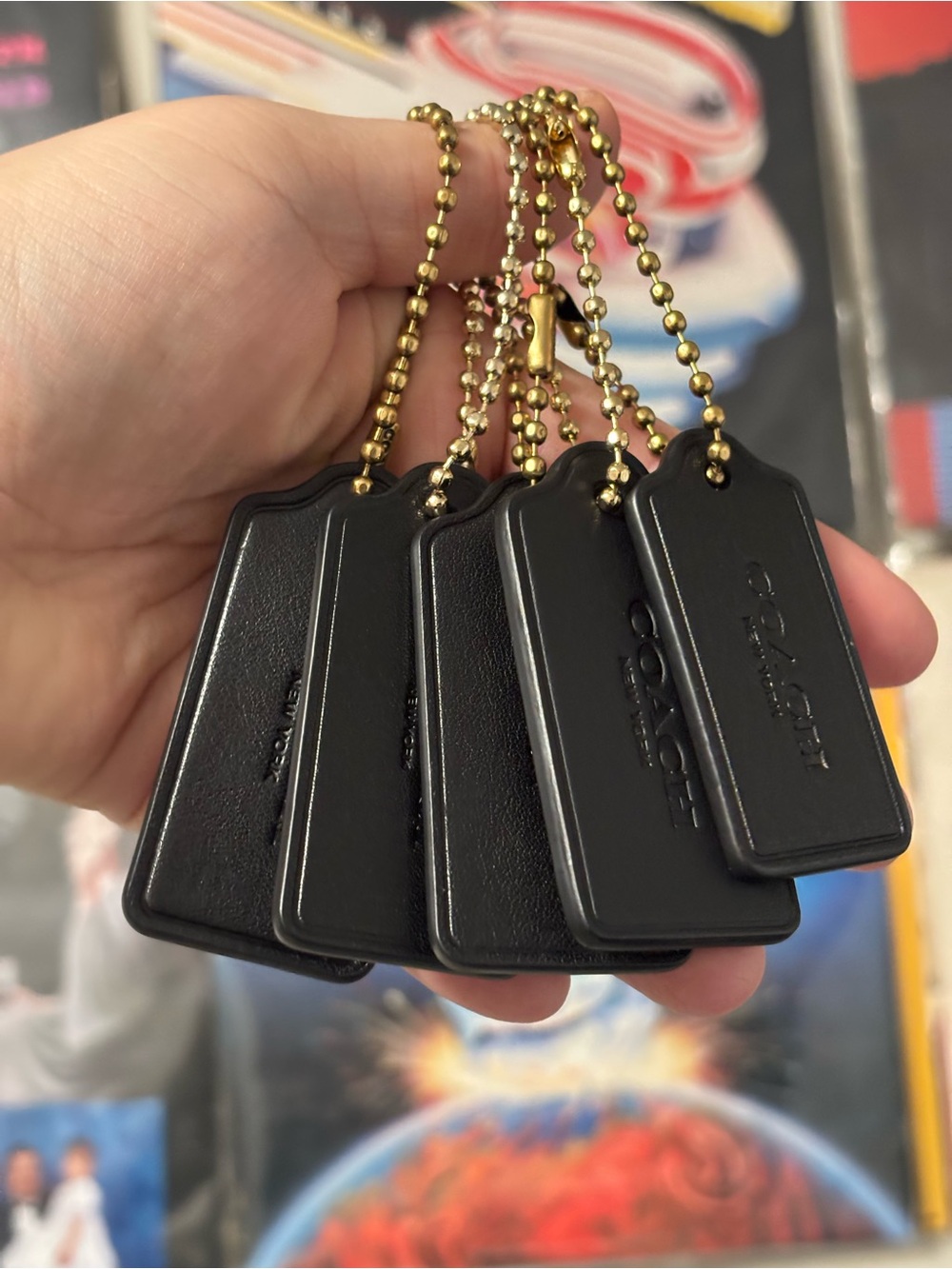 Coach Black Leather HangTag Keychain Set with Gold Ball Chains